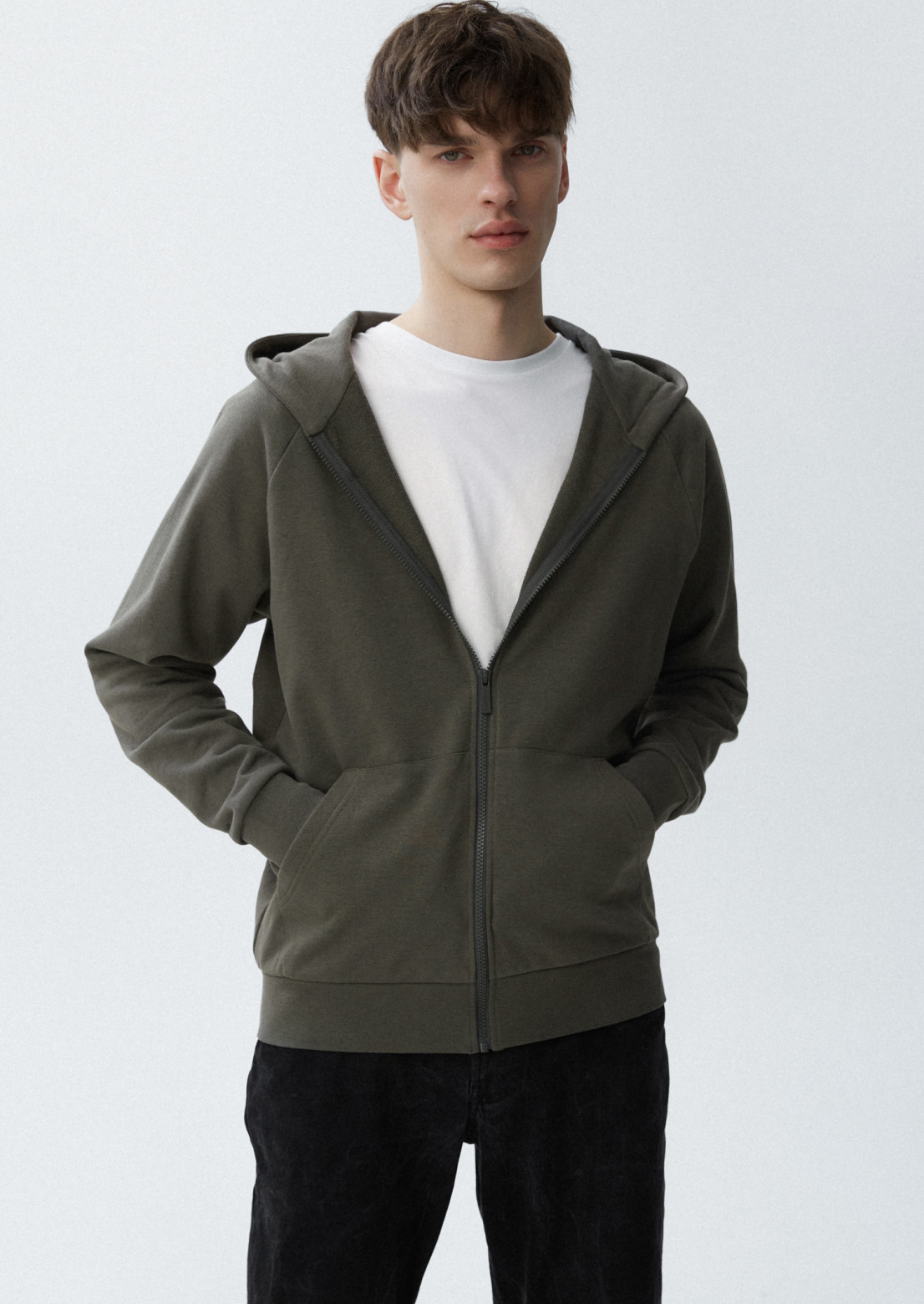 Khaki color men s three thread hoodie with a zipper